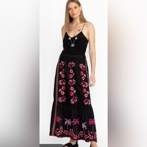 Johnny Was Black Linen Tiered Maxi Skirt with Pink Embroidery.
